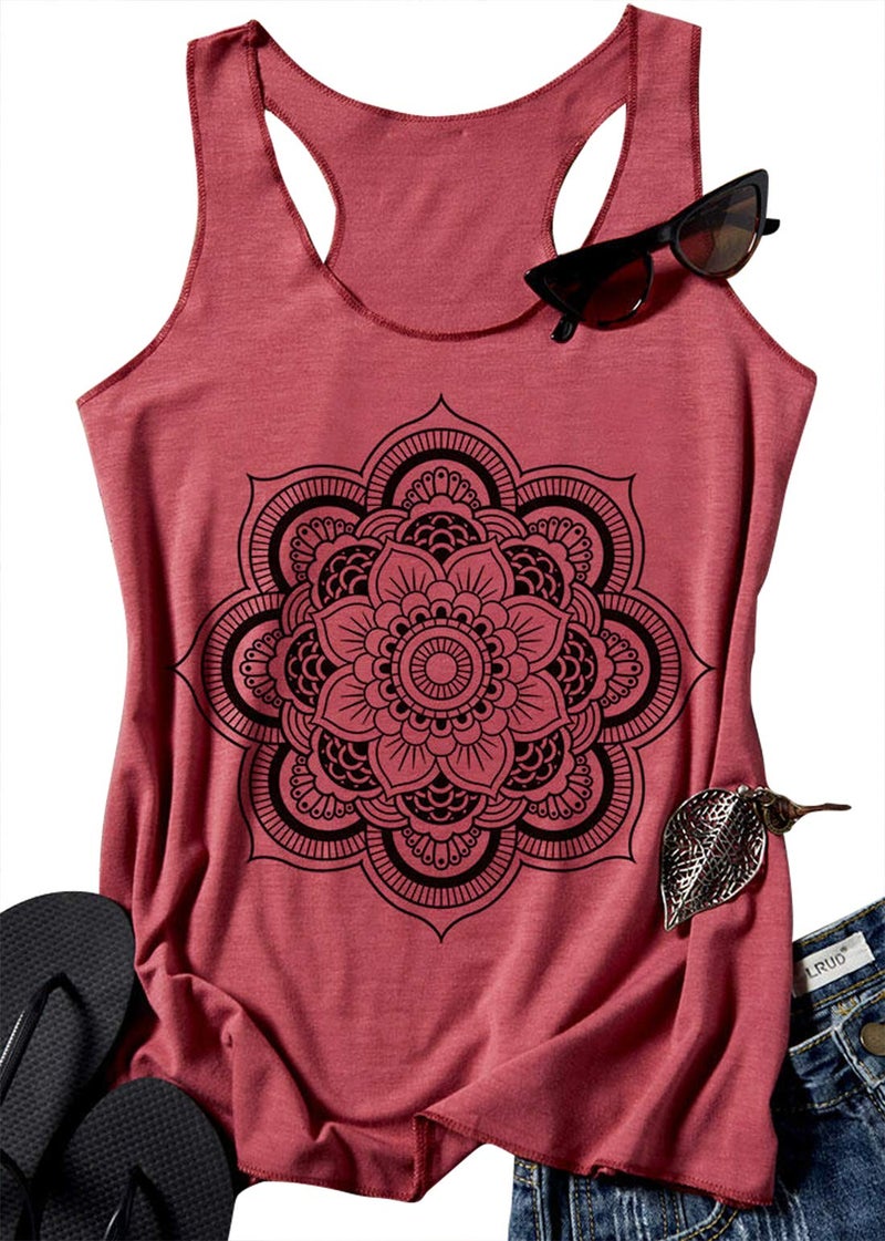 Womens Mandala Vintage Graphic Racerback Tank Tops Summer Casual Loose O-Neck Tanks Vest Vacation Classic-Fit Shirt Cami (Brick Red, Large)
